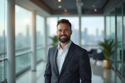 portrait of successful businessman consultant looking at camera and smiling inside modern office building