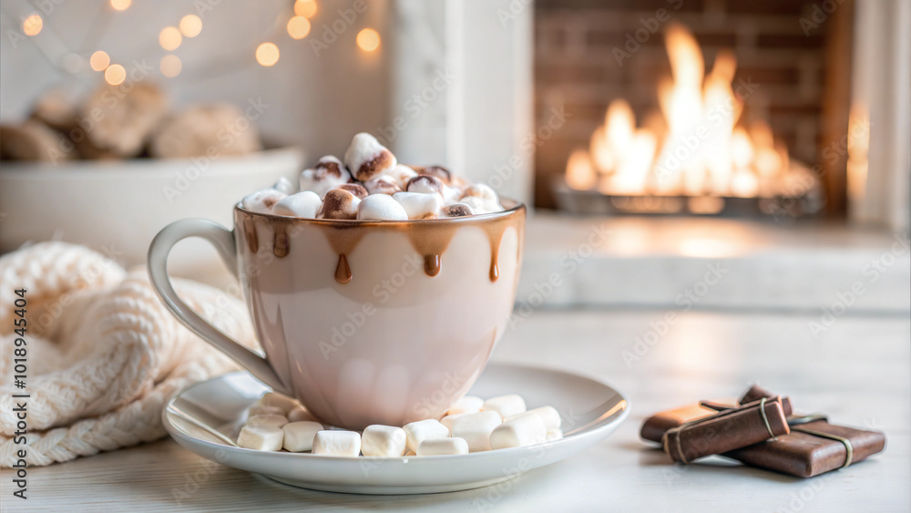 Fototapeta premium Hot chocolate with marshmallows in white mug by the fireplace with festive lights