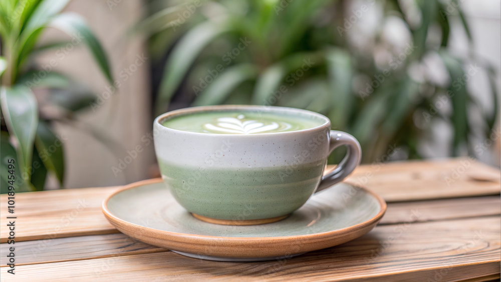 Green ceramic cup of matcha latte on wooden table in cozy indoor setting Green ceramic cup of matcha latte on wooden table in cozy indoor setting