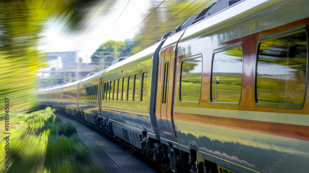Naklejka premium High speed Train racing through a green countryside with motion blur. The train is sleek and silver, with its body glinting in the sunlight. The train is cutting through vibrant fields.