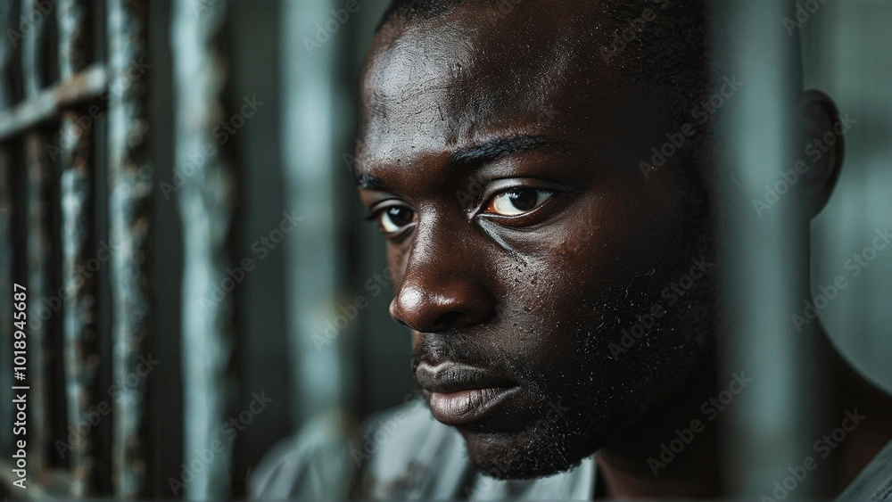 A portrait of a black person in prison, he is behind the metal bars A portrait of a black person in prison, he is behind the metal bars