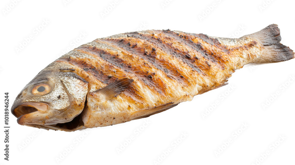 A fish is grilled and has a lot of seasoning on it A fish is grilled and has a lot of seasoning on it