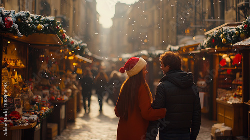 couple walking through decorated streets while shopping on christmas eve