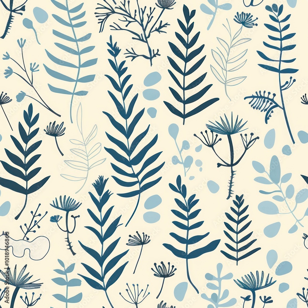 Fototapeta premium Seamless botanical pattern with various blue plants on a light background.