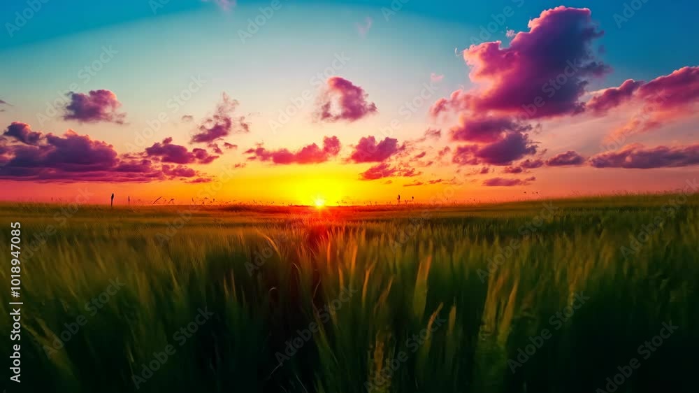 A stunning sunset over a field of tall grass, the sky ablaze with vibrant hues of pink, orange, and blue A stunning sunset over a field of tall grass, the sky ablaze with vibrant hues of pink, orange, and blue