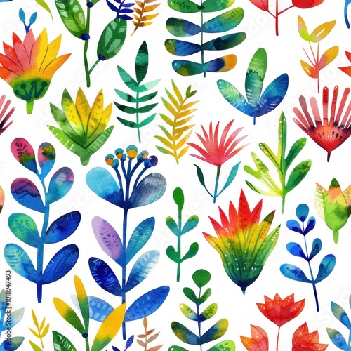 Vibrant watercolor pattern with colorful tropical plants on a white background.