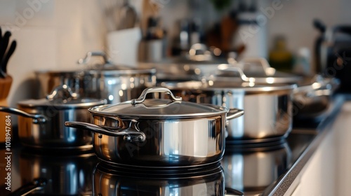 Sleek Stainless Steel Cookware on Kitchen Stove