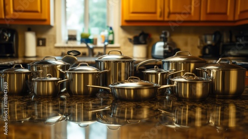 Collection of Stainless Steel Cookware in Modern Kitchen