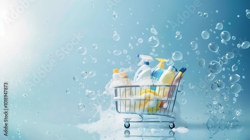 Mini Shopping Cart with Cleaning Products on a Blue Splashy Background