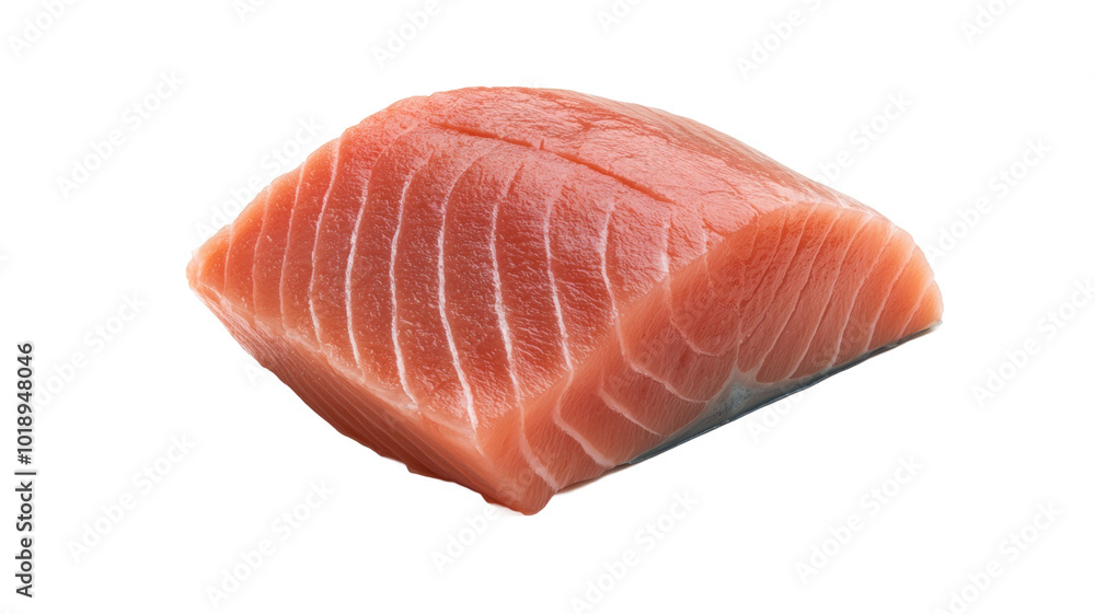A piece of raw fish is shown on a white background A piece of raw fish is shown on a white background