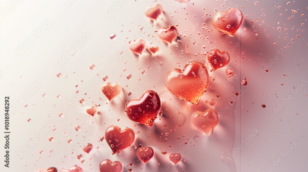Floating Pink Hearts with Water Droplets on White Background Floating Pink Hearts with Water Droplets on White Background