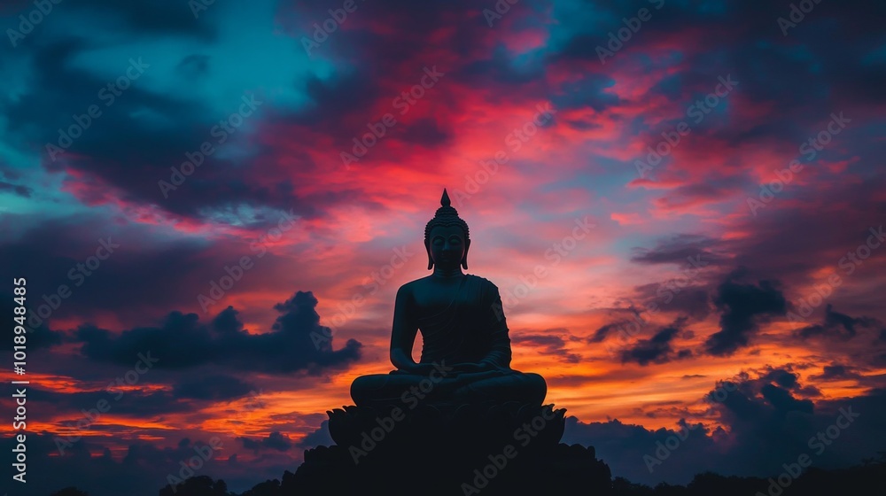 Serene Buddha Silhouette Against Colorful Sky Serene Buddha Silhouette Against Colorful Sky