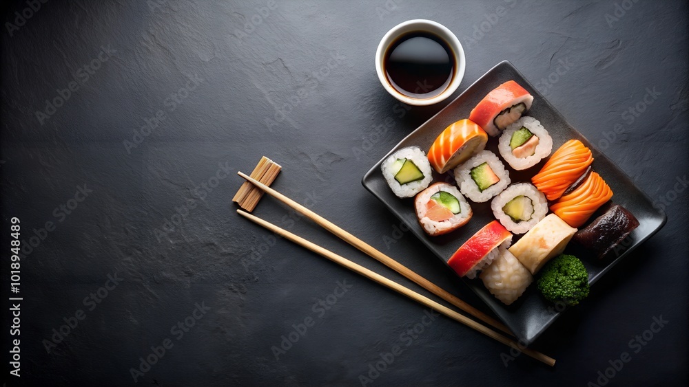 Sushi, chopsticks, and soy sauce on a black backdrop, offering ample space for text or design Sushi, chopsticks, and soy sauce on a black backdrop, offering ample space for text or design