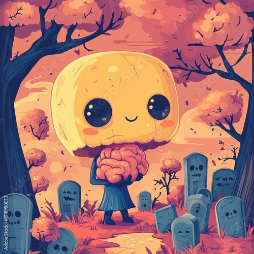 Bright Brainy Zombie Takes a Stroll in Cemetery. Cute Kawaii Halloween Illustration photo