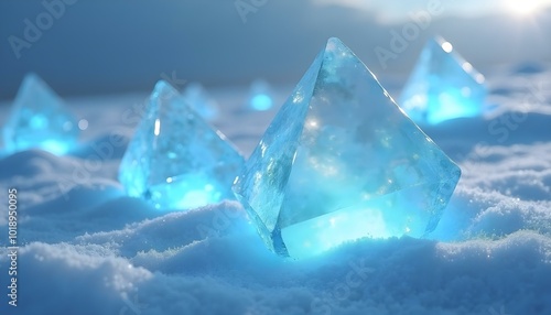 Blue crystals rise from the snow, illuminated by natural light in a winter wonderland photo