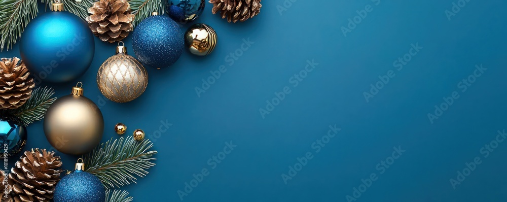 Festive Christmas decorations on a blue background, featuring gold and blue ornaments and a pine cone. Festive Christmas decorations on a blue background, featuring gold and blue ornaments and a pine cone.