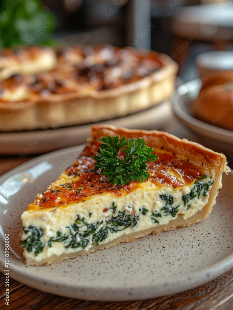 Close-up of a spinach quiche slice garnished with parsley. Close-up of a spinach quiche slice garnished with parsley.