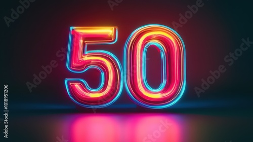 Vivid neon number 50 glowing against a dark background, casting colorful reflections. photo