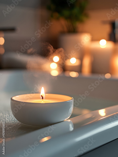 Lit candle on bath's edge, casting a warm, soothing glow