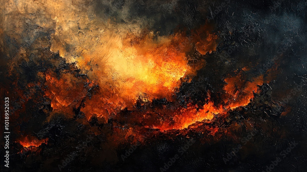 Flickering flames rise from dark, textured ground, creating a sense mystery and tension in a fiery landscape Flickering flames rise from dark, textured ground, creating a sense mystery and tension in a fiery landscape