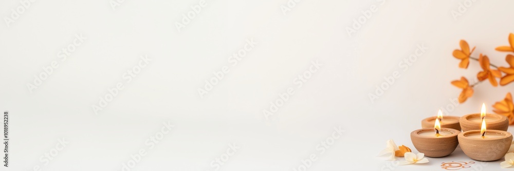 Close up of a burning Indian candle with vivid flower decoration. Minimalistic banner with copy space at white background. Deepavali - traditional Diwali Festival of Lights - concept for web design. Close up of a burning Indian candle with vivid flower decoration. Minimalistic banner with copy space at white background. Deepavali - traditional Diwali Festival of Lights - concept for web design.