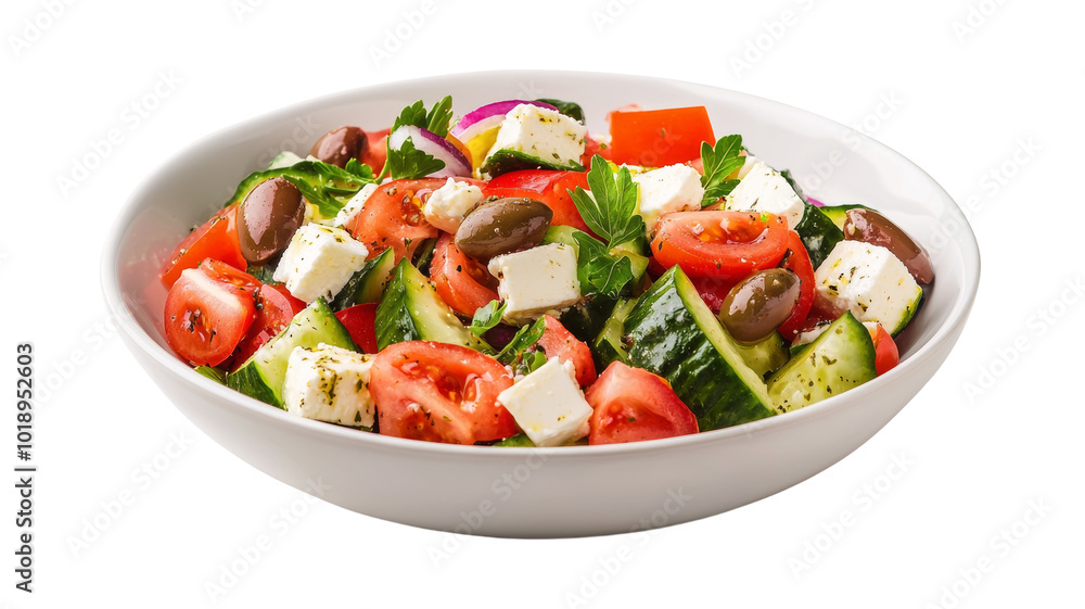 A bowl of salad with tomatoes, cucumbers, and olives A bowl of salad with tomatoes, cucumbers, and olives
