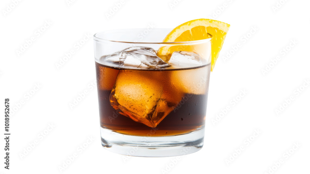 A glass of a dark drink with ice cubes and a slice of orange on top A glass of a dark drink with ice cubes and a slice of orange on top