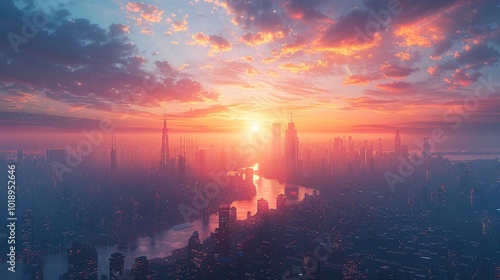 A 3D realistic rendering of a futuristic cityscape