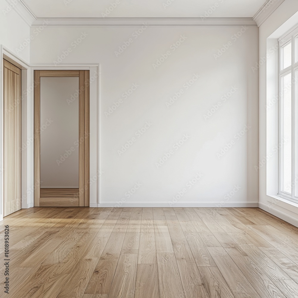 A room with a white wall and wooden door A room with a white wall and wooden door