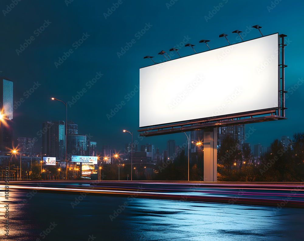 Blank Illuminated Billboard at Night in Cityscape Blank Illuminated Billboard at Night in Cityscape