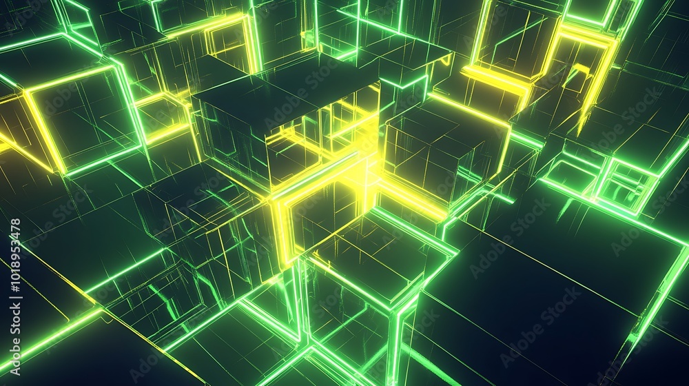 A 3D rendering of glowing neon lines forming a geometric pattern. A 3D rendering of glowing neon lines forming a geometric pattern.