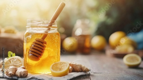 Honey Jar with Ginger and Lemon on Wooden Table