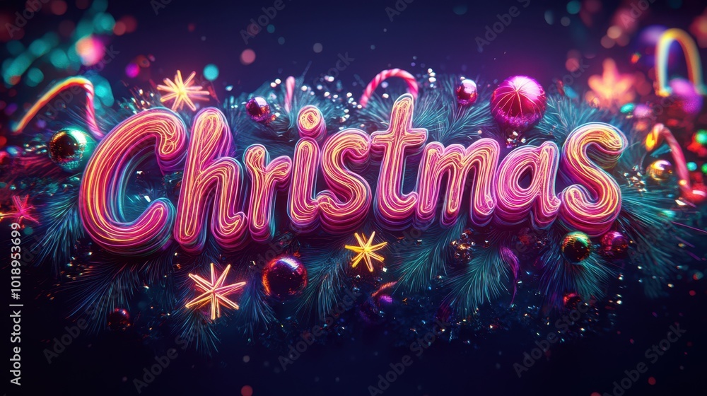 Vibrant Christmas typography with festive ornaments and pine branches. Vibrant Christmas typography with festive ornaments and pine branches.