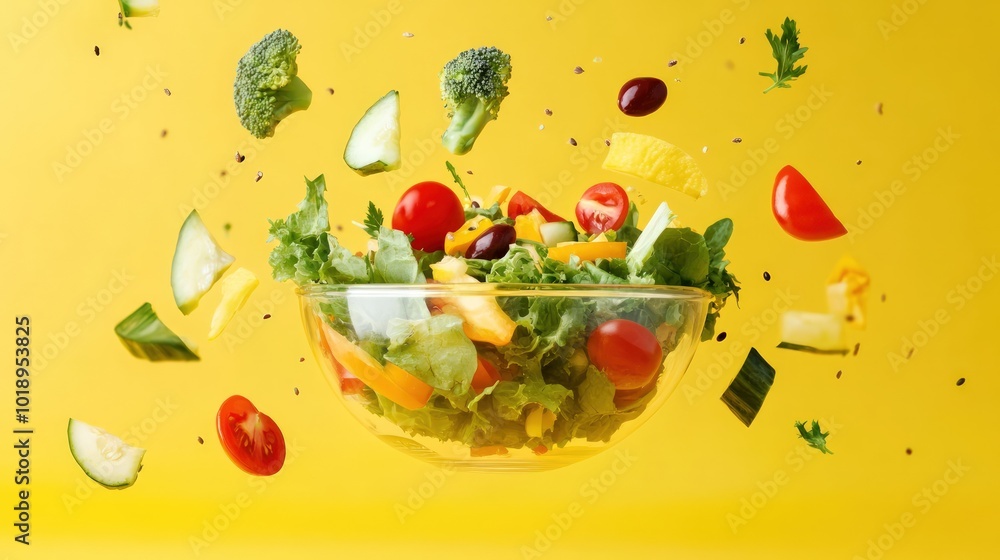 Fresh salad with vegetables in a glass bowl on a yellow background. Fresh salad with vegetables in a glass bowl on a yellow background.