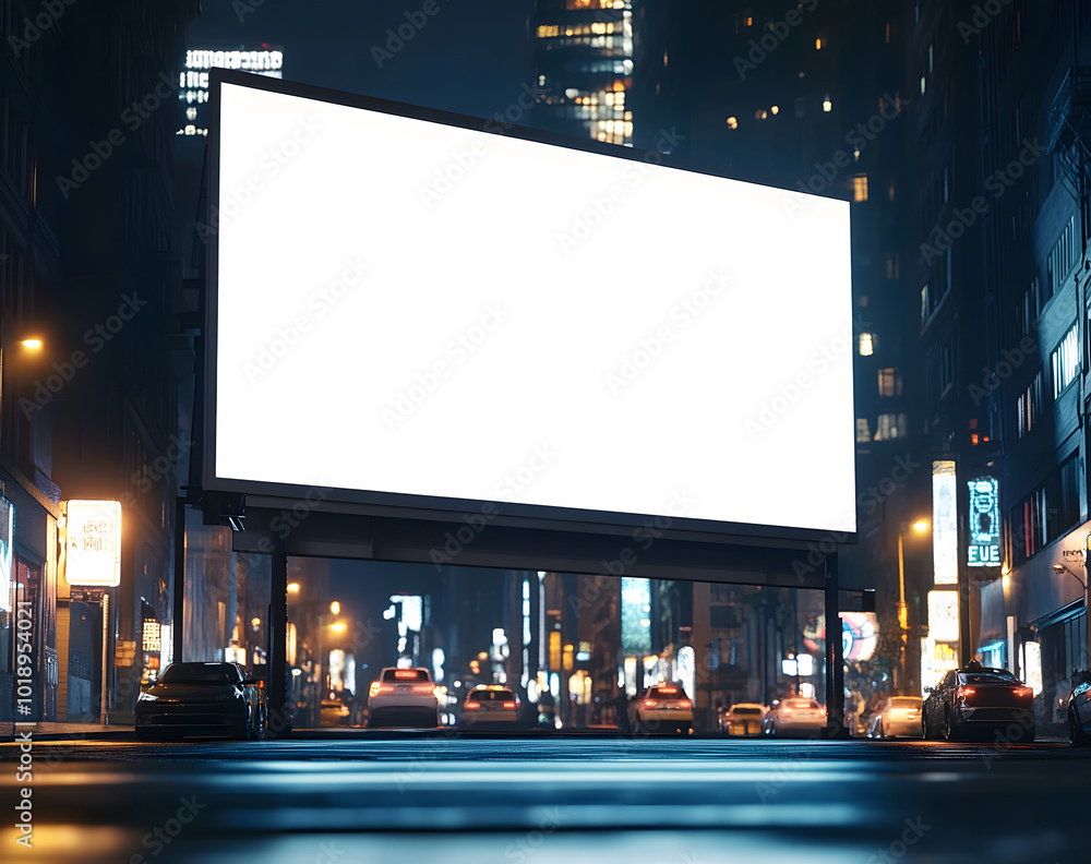 Blank Illuminated Billboard at Night in Cityscape Blank Illuminated Billboard at Night in Cityscape