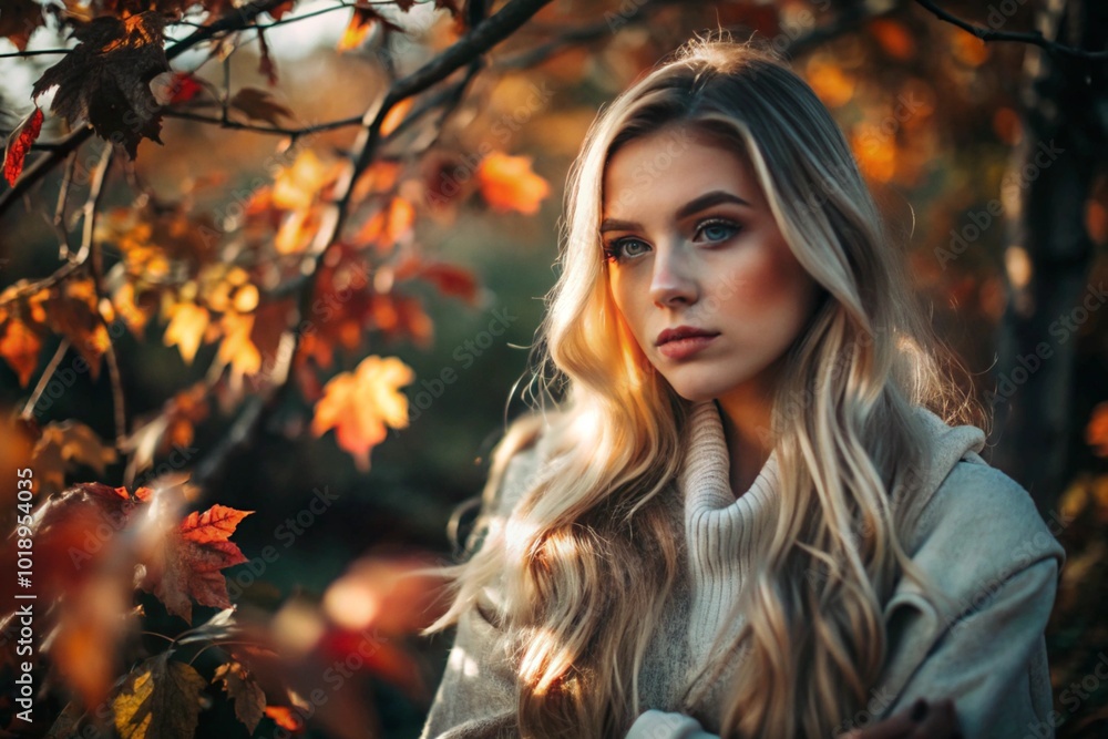 Autumn portrait. Close-up of a young blonde with expressive eyes in a knitted sweater. A beautiful girl in autumn foliage. Autumn portrait. Close-up of a young blonde with expressive eyes in a knitted sweater. A beautiful girl in autumn foliage.