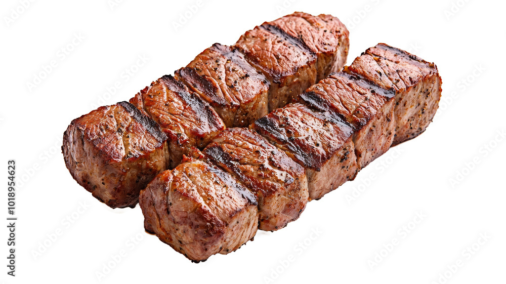 Two pieces of meat are grilled and sitting on a white background Two pieces of meat are grilled and sitting on a white background