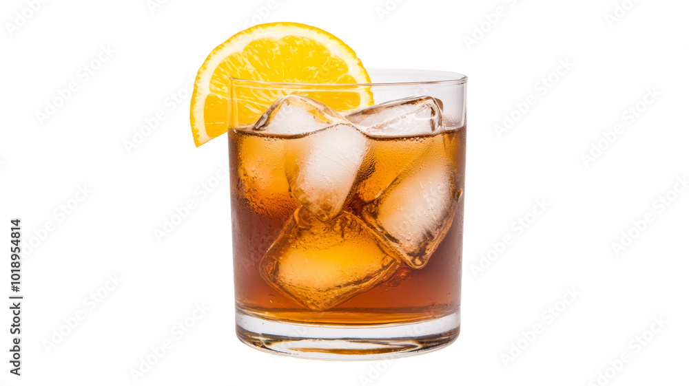 A glass of a drink with ice and a slice of orange on top A glass of a drink with ice and a slice of orange on top