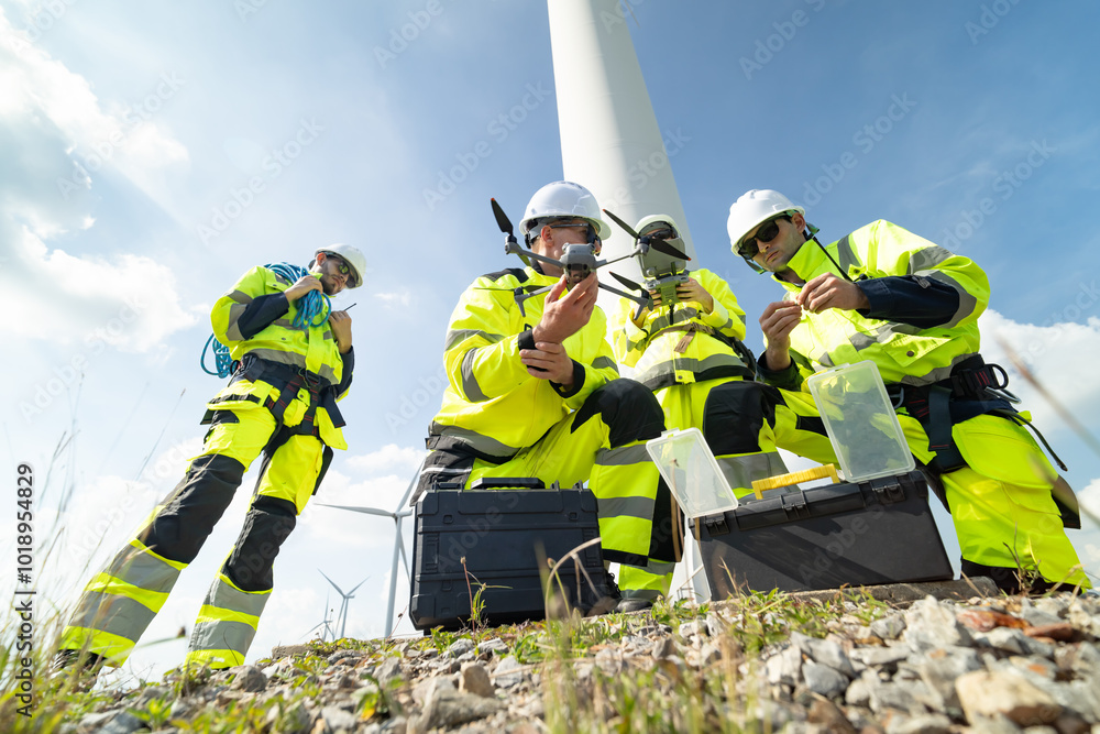 Fototapeta premium Electric engineer wearing Personal protective equipment working at wind turbines farm . Wind turbine technicians doing wind turbine blade inspection with drone.