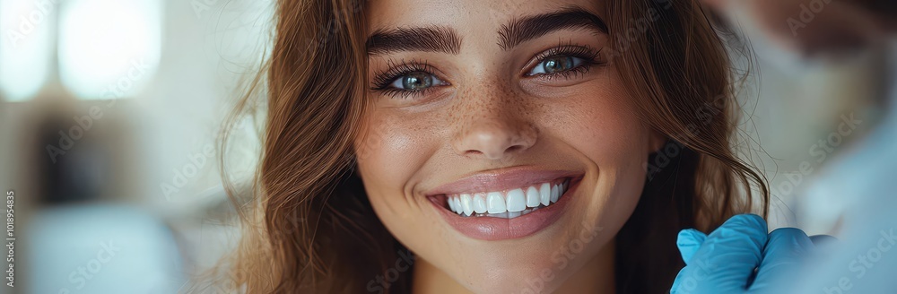 Close-up of a beautiful woman smiling at the dentist with perfect white teeth during a routine dental checkup. Close-up of a beautiful woman smiling at the dentist with perfect white teeth during a routine dental checkup.
