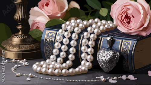 A still life composition featuring a pearl necklace draped over an antique book, with romantic elements.