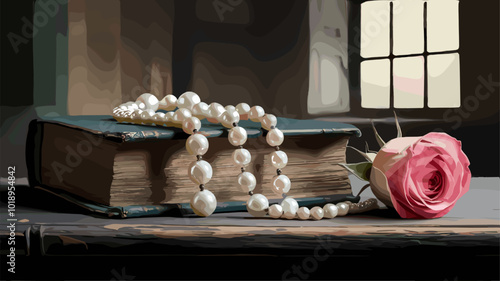 A still life composition featuring a pearl necklace draped over an antique book, with romantic elements.