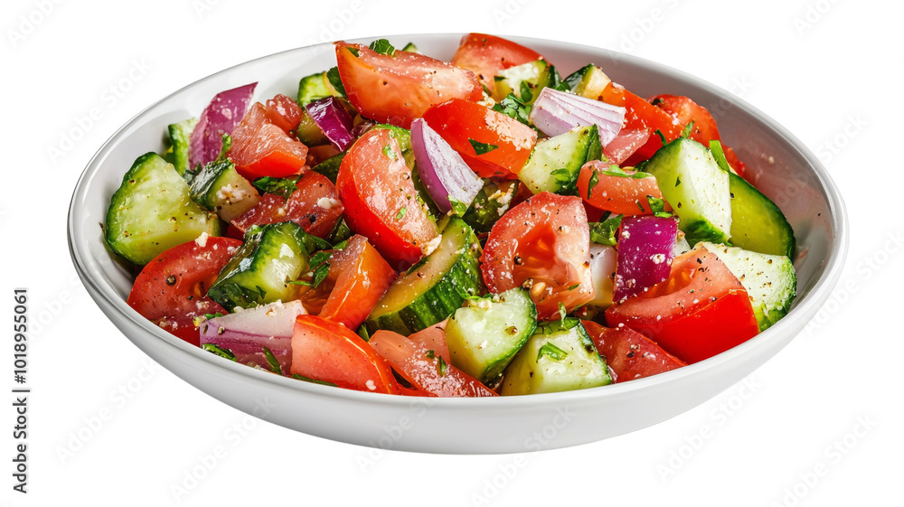 A white plate with a salad of tomatoes, cucumbers, and onions A white plate with a salad of tomatoes, cucumbers, and onions