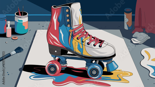 Melting roller skate dripping onto canvas, forming abstract art.
