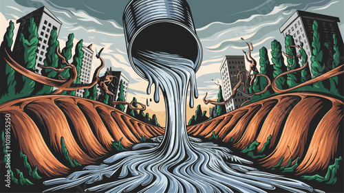 Aluminum can melting into liquid metal river, reflecting distorted world.