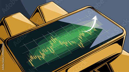 A close-up of a gold bar reflecting a vibrant green chart with a sharp upward trajectory, representing financial success.