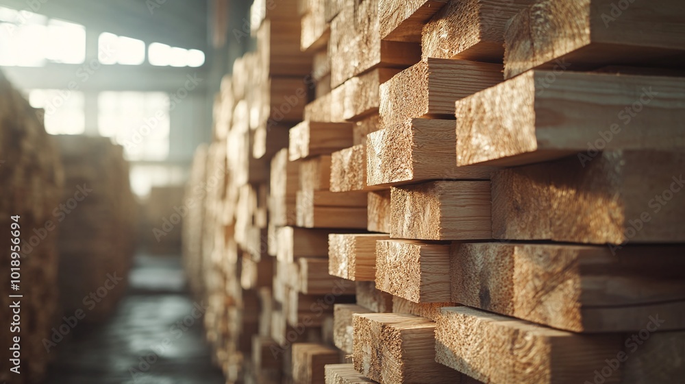 stacked pine timber planks in a factory, ready for processing, highlighting the organized production of wood materials used in carpentry and construction stacked pine timber planks in a factory, ready for processing, highlighting the organized production of wood materials used in carpentry and construction