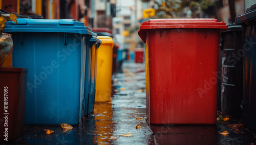 Colorful Trash Bins in Urban Alley 