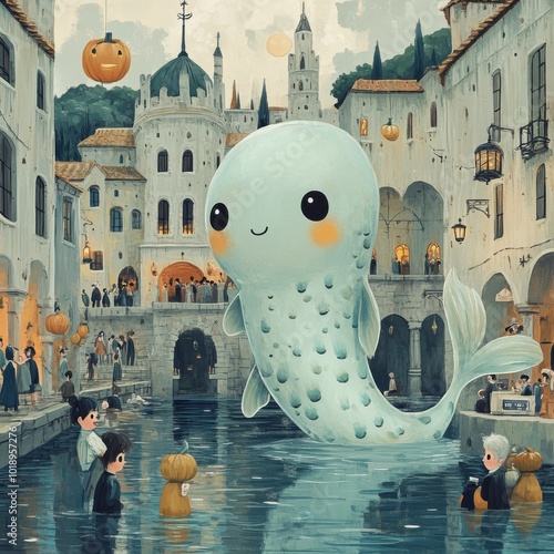 Mischievous Melusine Splashes into Medieval Water Fountains. Cute Kawaii Halloween Illustration photo