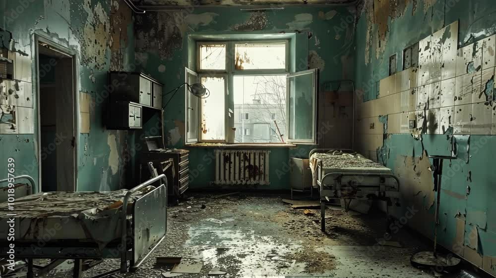 A dilapidated hospital room with peeling paint and broken windows, abandoned and left to decay A dilapidated hospital room with peeling paint and broken windows, abandoned and left to decay